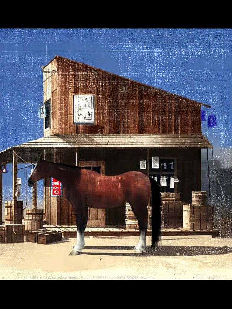 Horse by Rustic Barn — Vintage Print. poster detail
