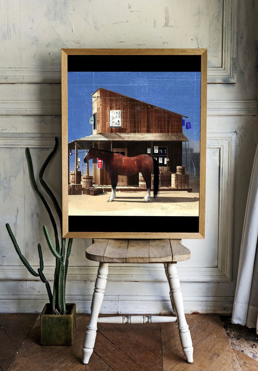 Horse by Rustic Barn — Vintage Print. — room view 1