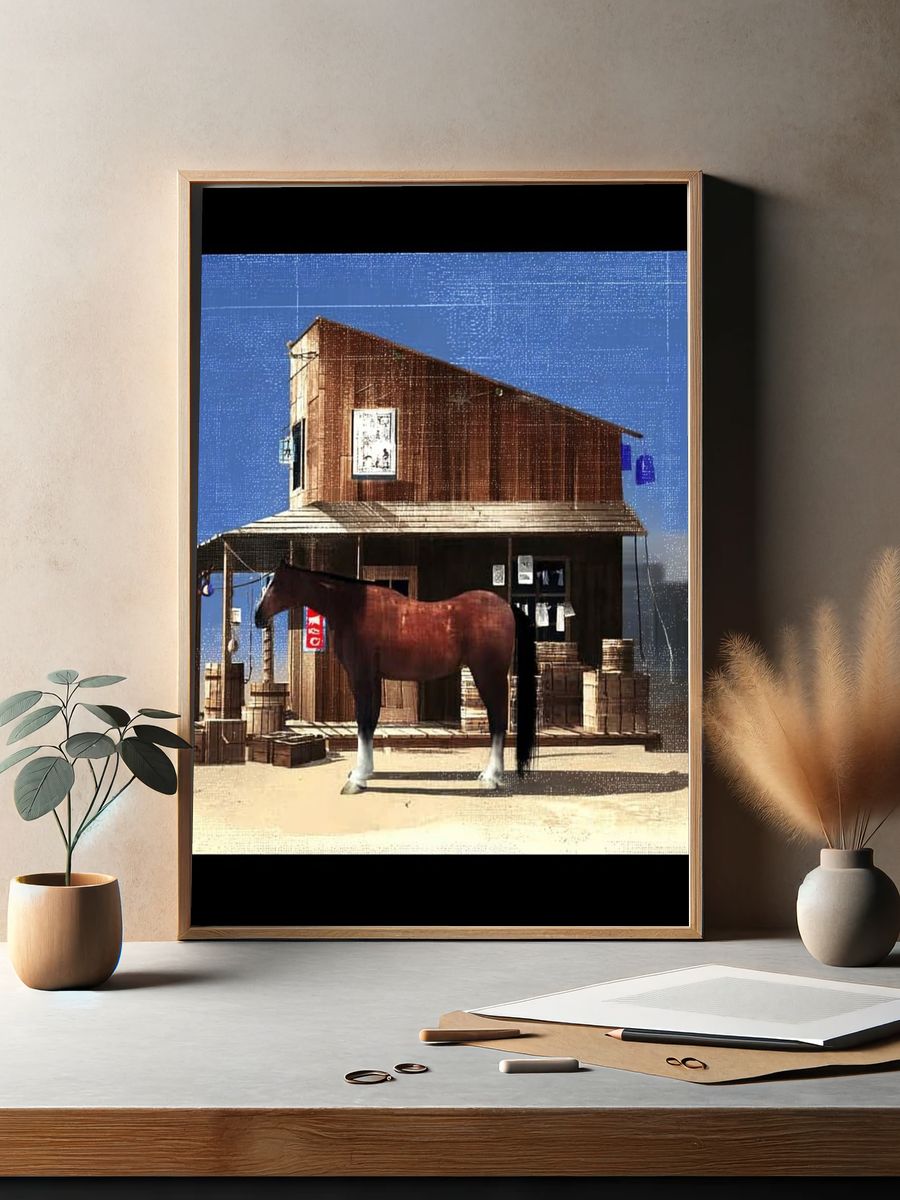 Horse by Rustic Barn — Vintage Print. — room view 2