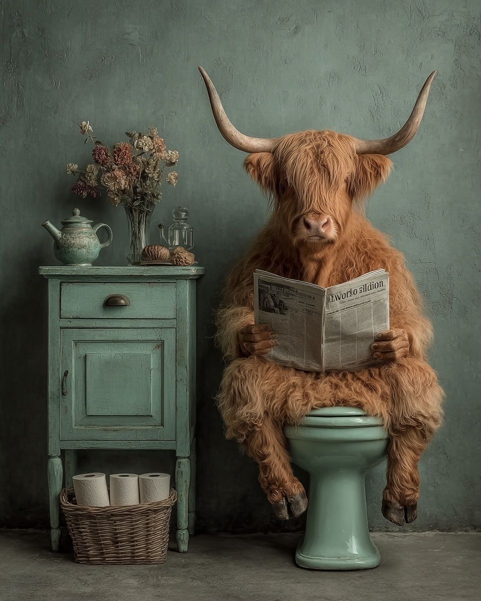 Highland Cow Reading Newspaper — Funny Print. poster detail