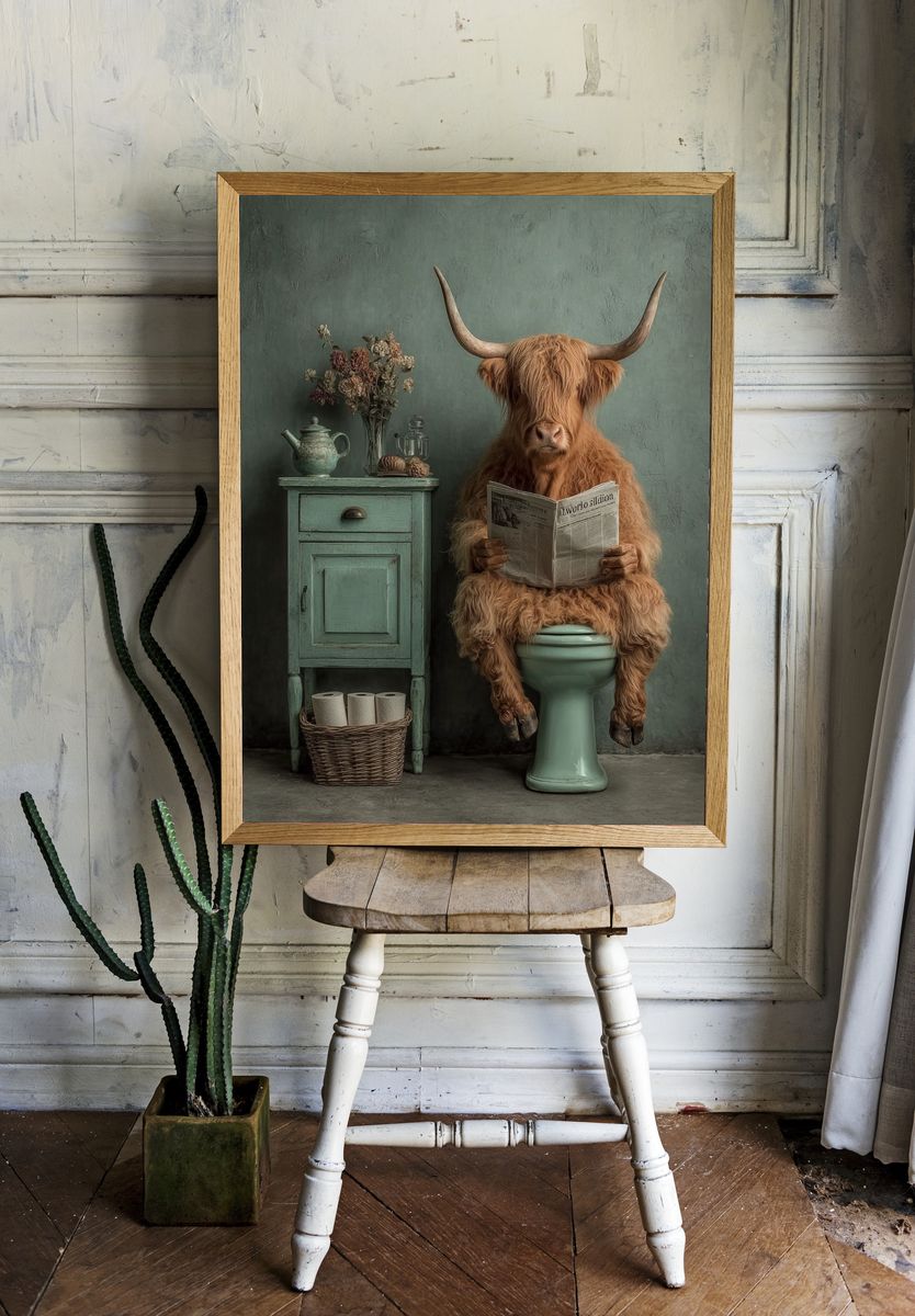 Highland Cow Reading Newspaper — Funny Print. — room view 1