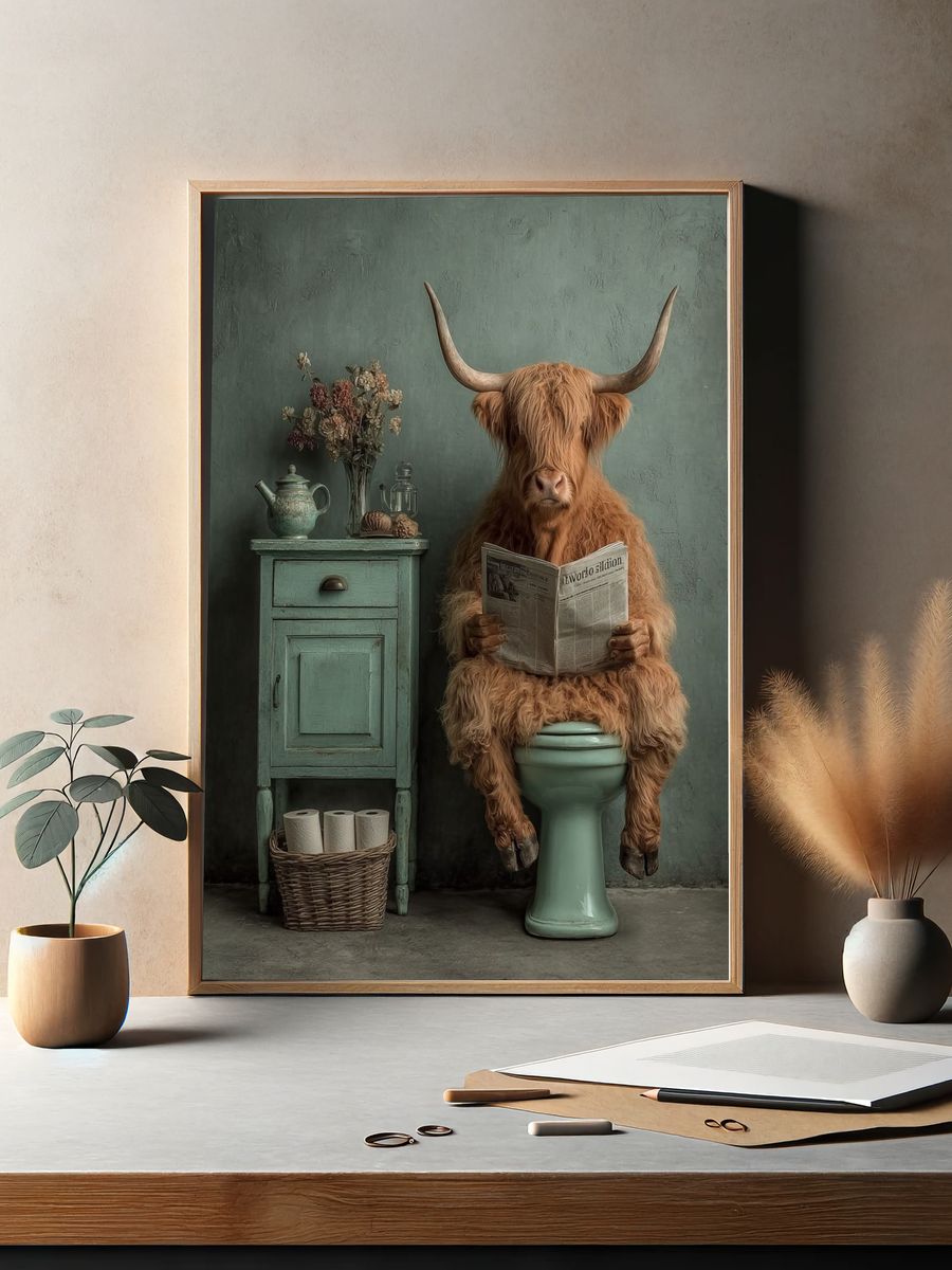 Highland Cow Reading Newspaper — Funny Print. — room view 2