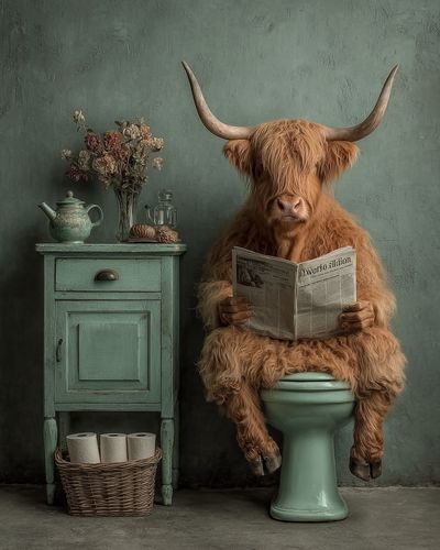 Highland Cow Reading Newspaper — Funny Print. poster