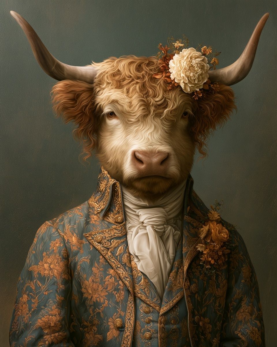 Floral Highland Cow Portrait Print. poster — animals art