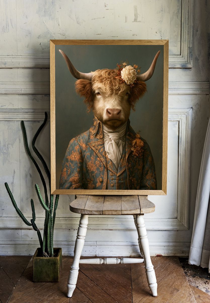 Floral Highland Cow Portrait Print. — room view 1