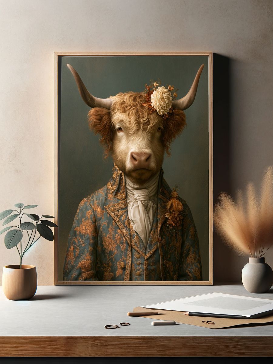 Floral Highland Cow Portrait Print. — room view 2