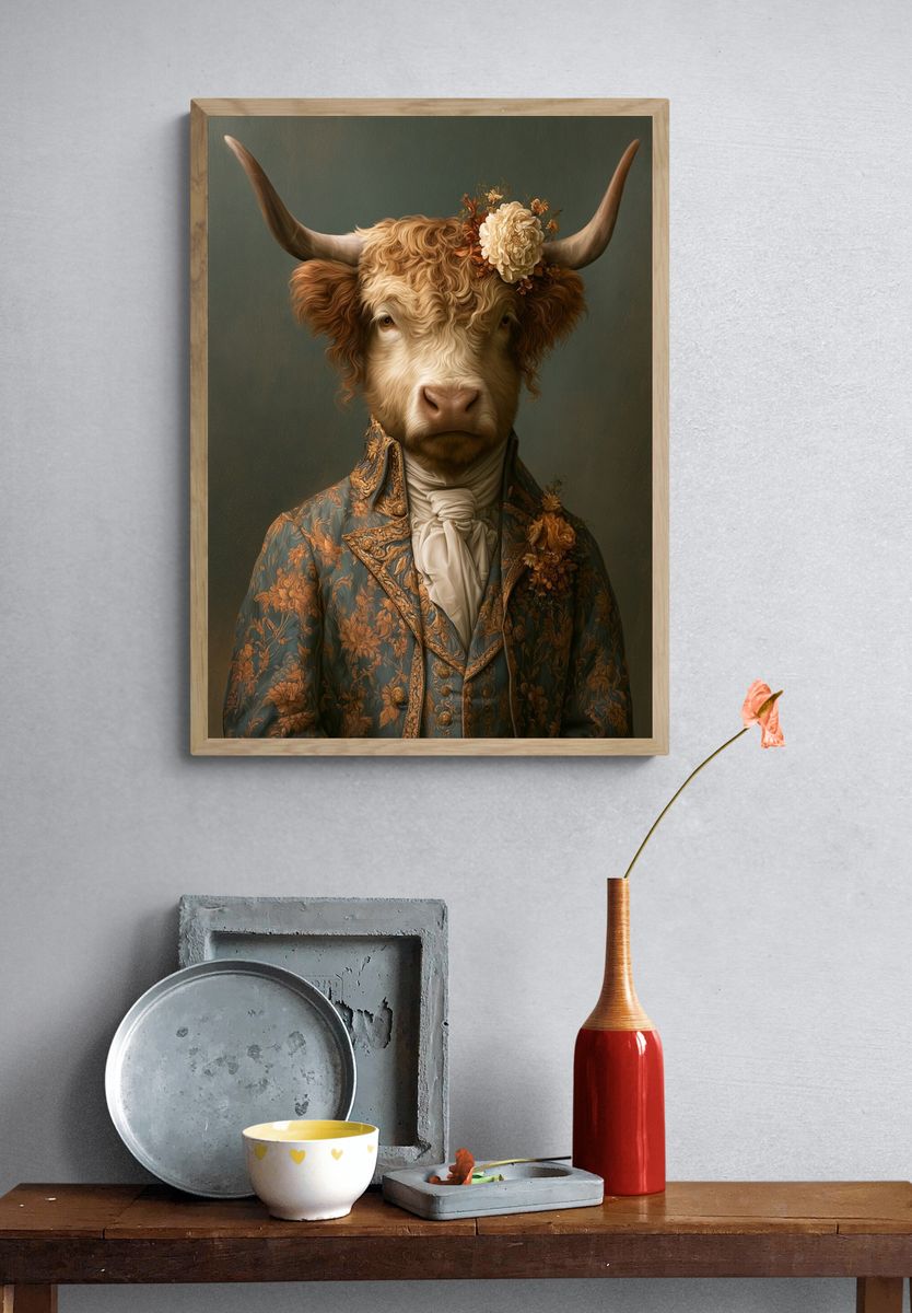 Floral Highland Cow Portrait Print. — room view 3