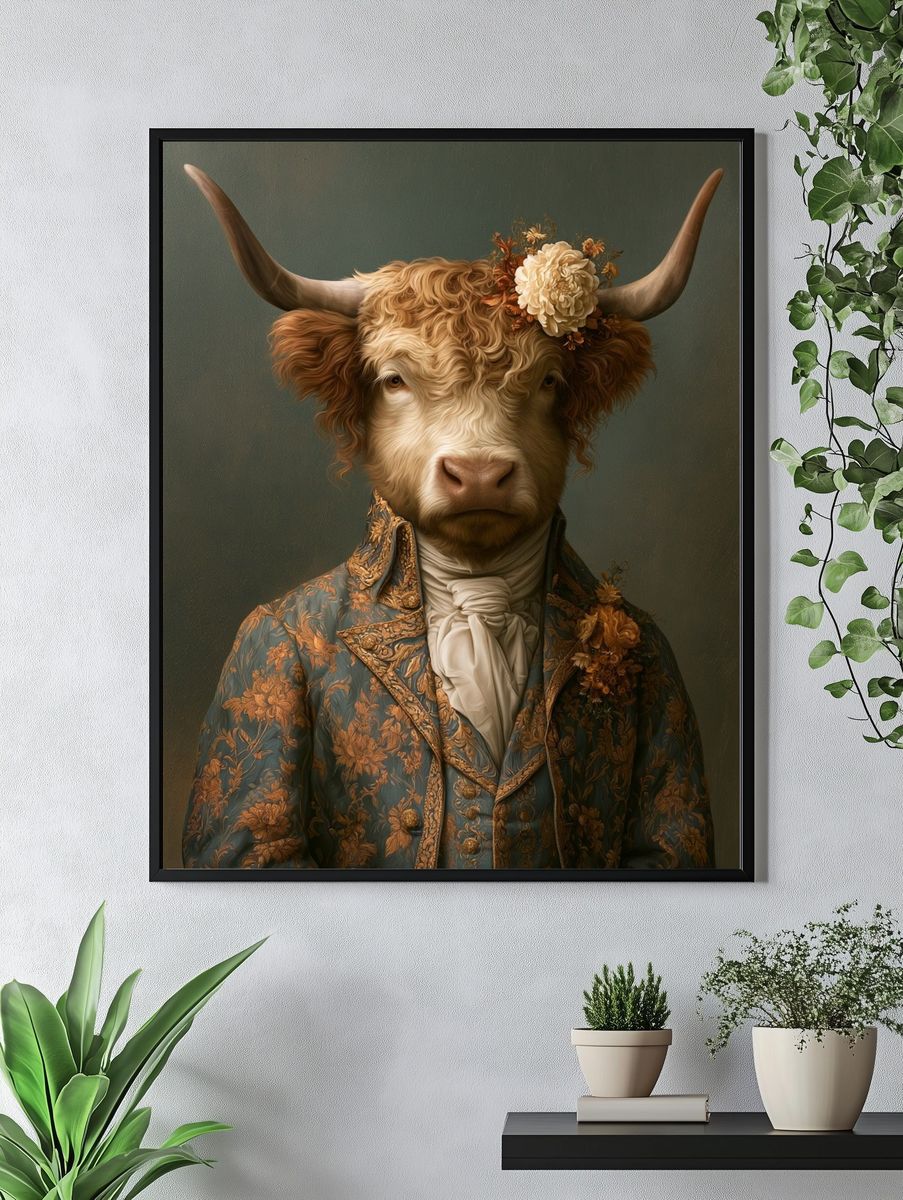 Floral Highland Cow Portrait Print. — room view 4