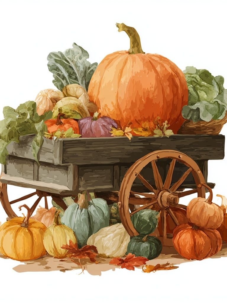 Harvest Cart with Pumpkins — Illustration Print. poster — illustration art