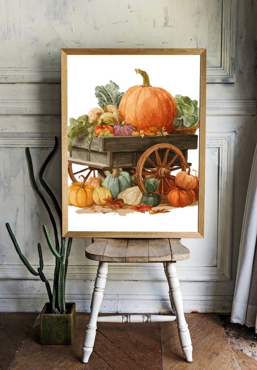 Harvest Cart with Pumpkins — Illustration Print. room preview