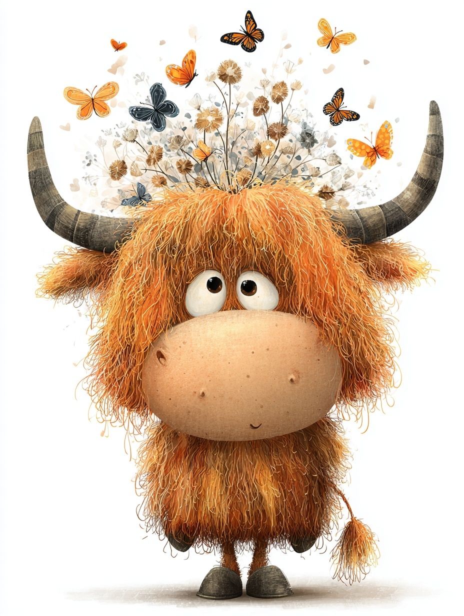 Cute Highland Cow with Butterflies — Illustration Print. poster — illustration art