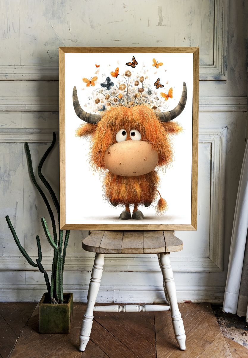 Cute Highland Cow with Butterflies — Illustration Print. room preview