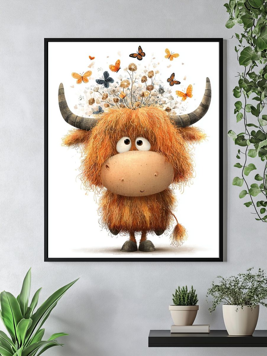 Cute Highland Cow with Butterflies — Illustration Print. — room view 4