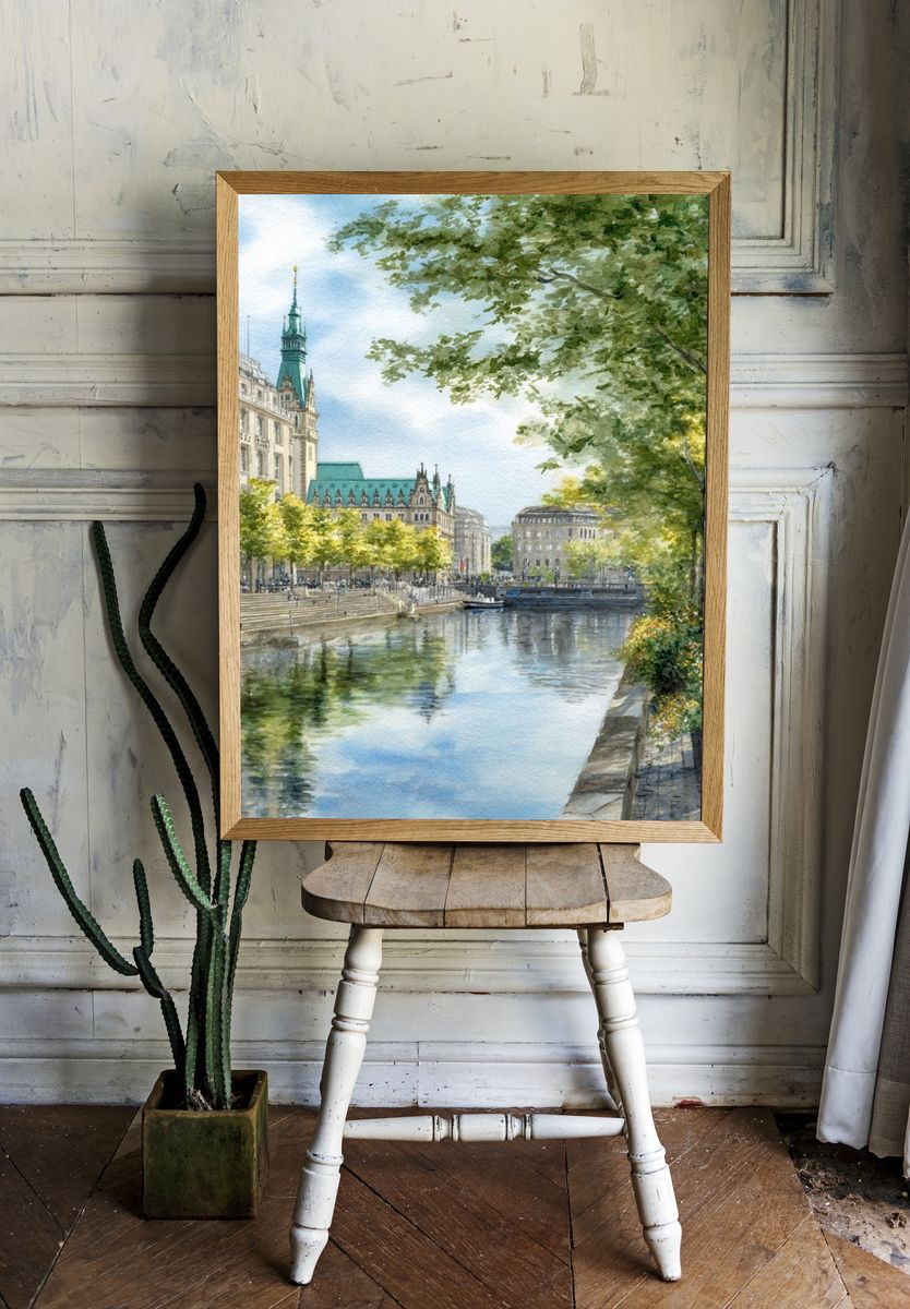 Hamburg Canal — Watercolor Print. room preview