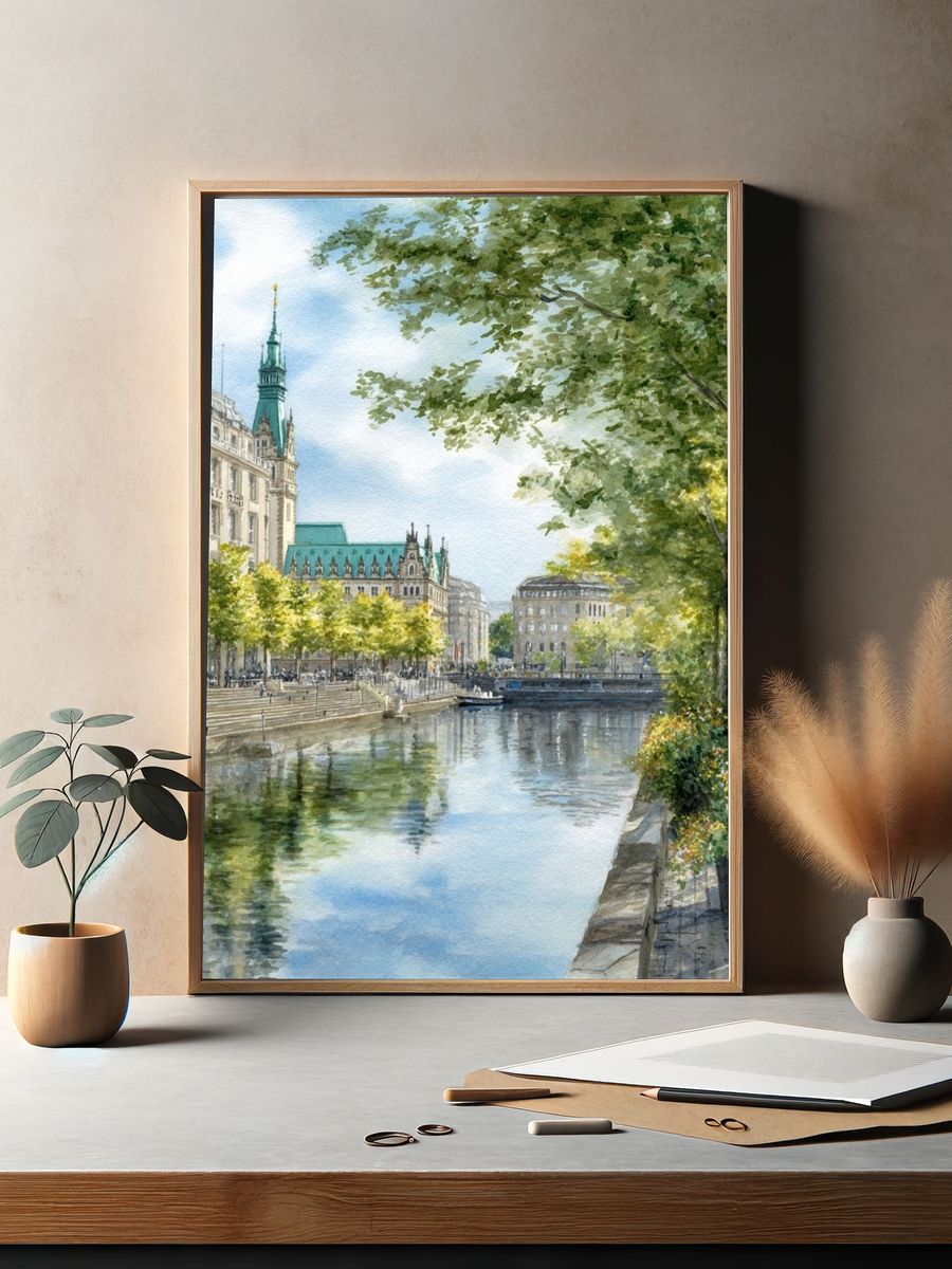 Hamburg Canal — Watercolor Print. — room view 2