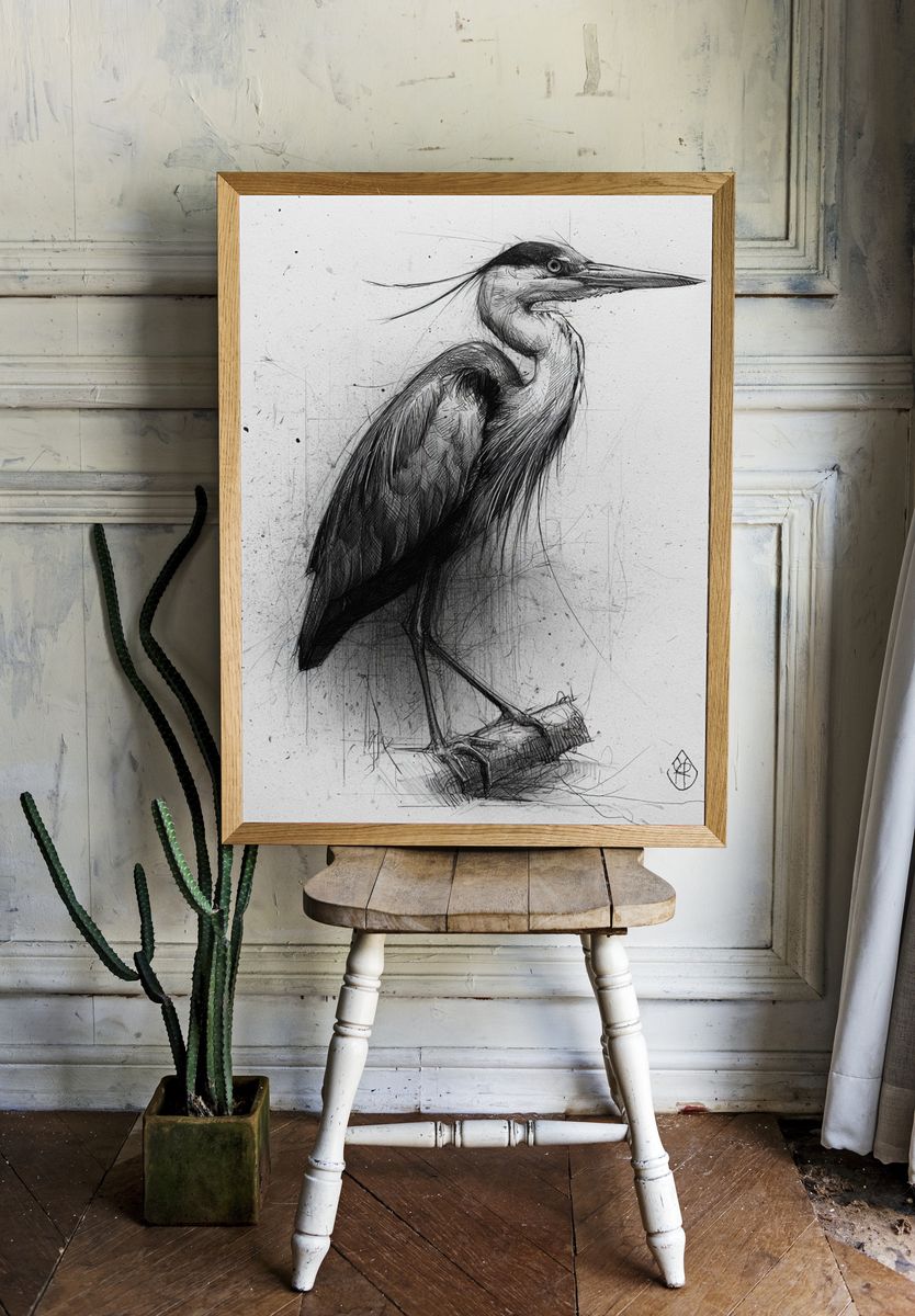 Heron Sketch Illustration Poster. — room view 1