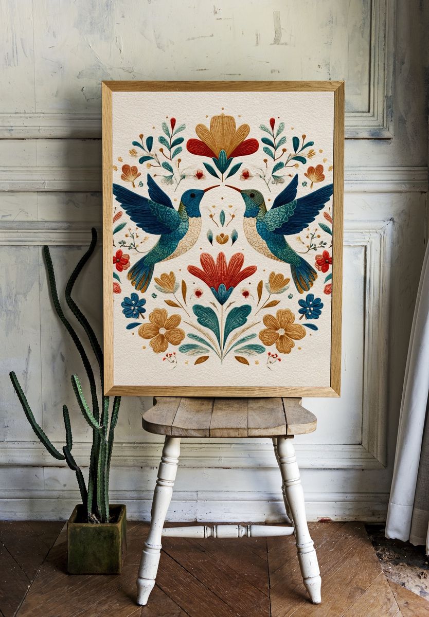 Hummingbirds and Flowers — Illustration Print room preview