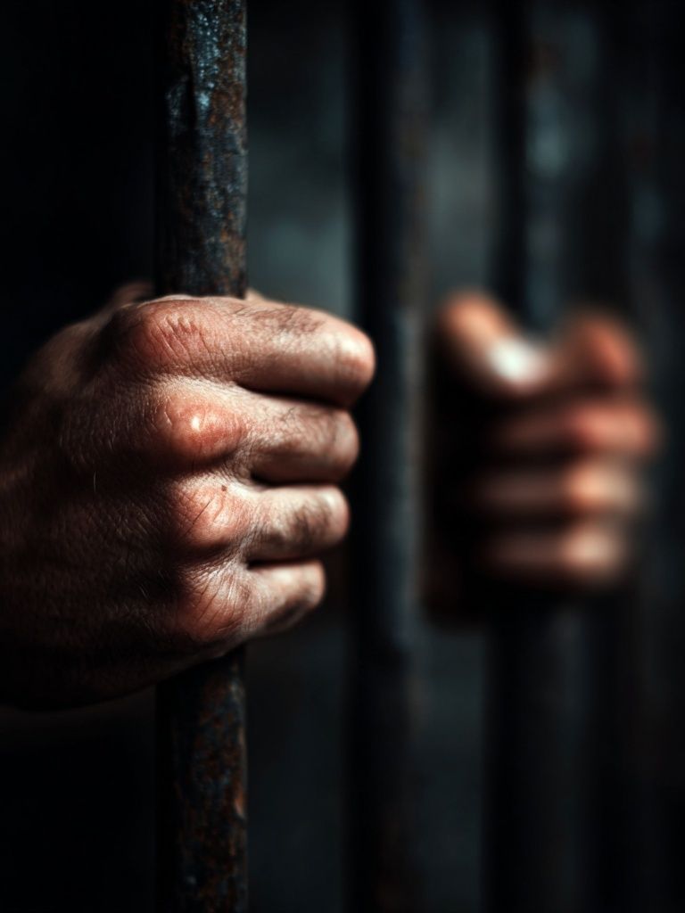 Hands Gripping Prison Bars — Photography Print. poster detail