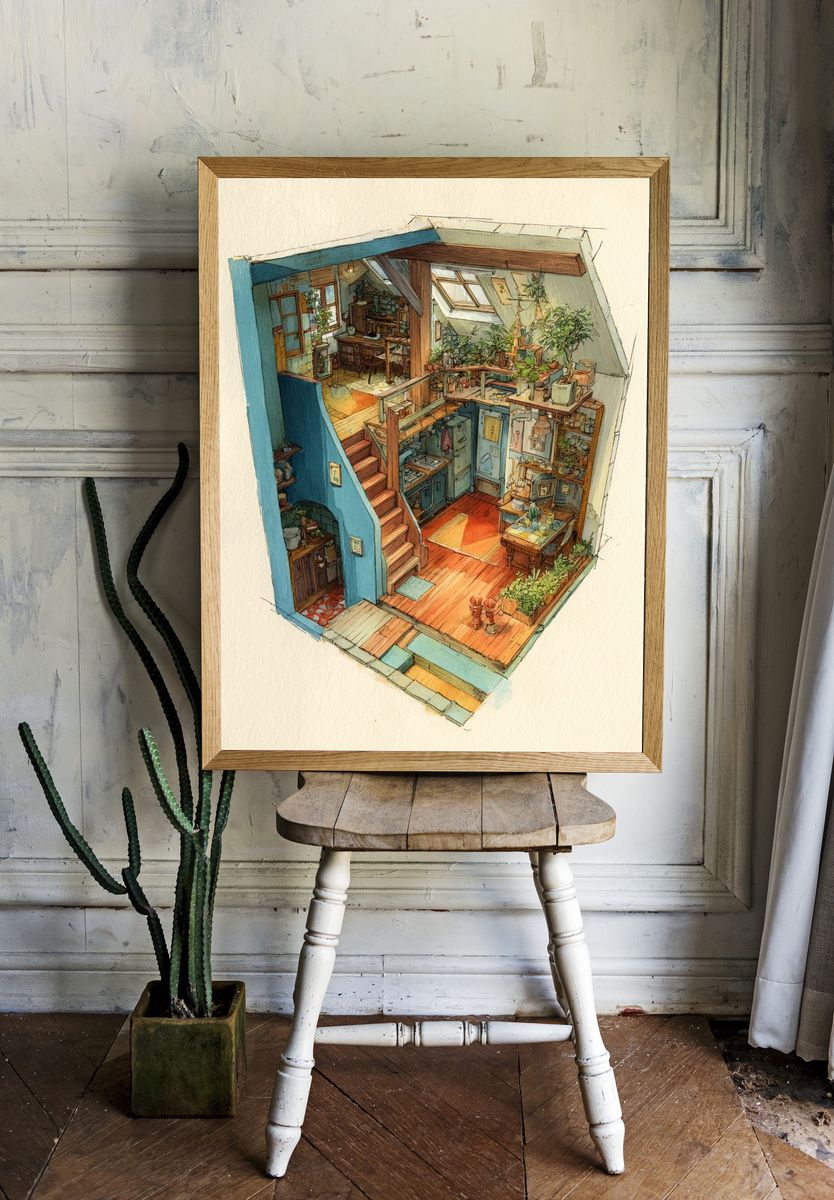 Cozy Home Interior Illustration Poster. — room view 1