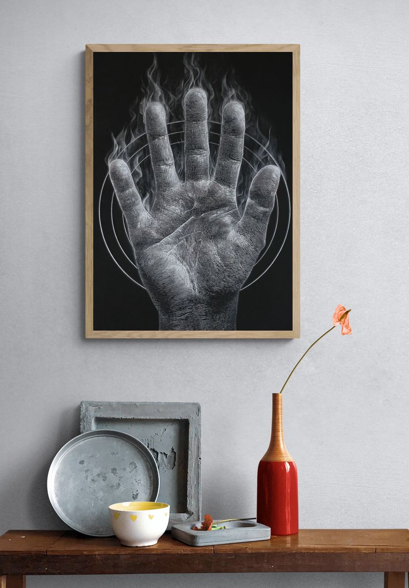 Hand in Flames — Fine Art Print. — room view 3