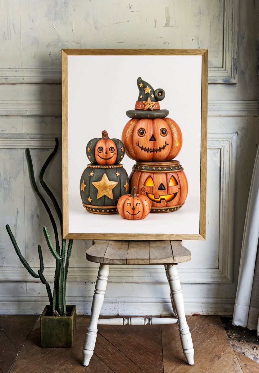 Halloween Pumpkin Stack Illustration Poster. — room view 1