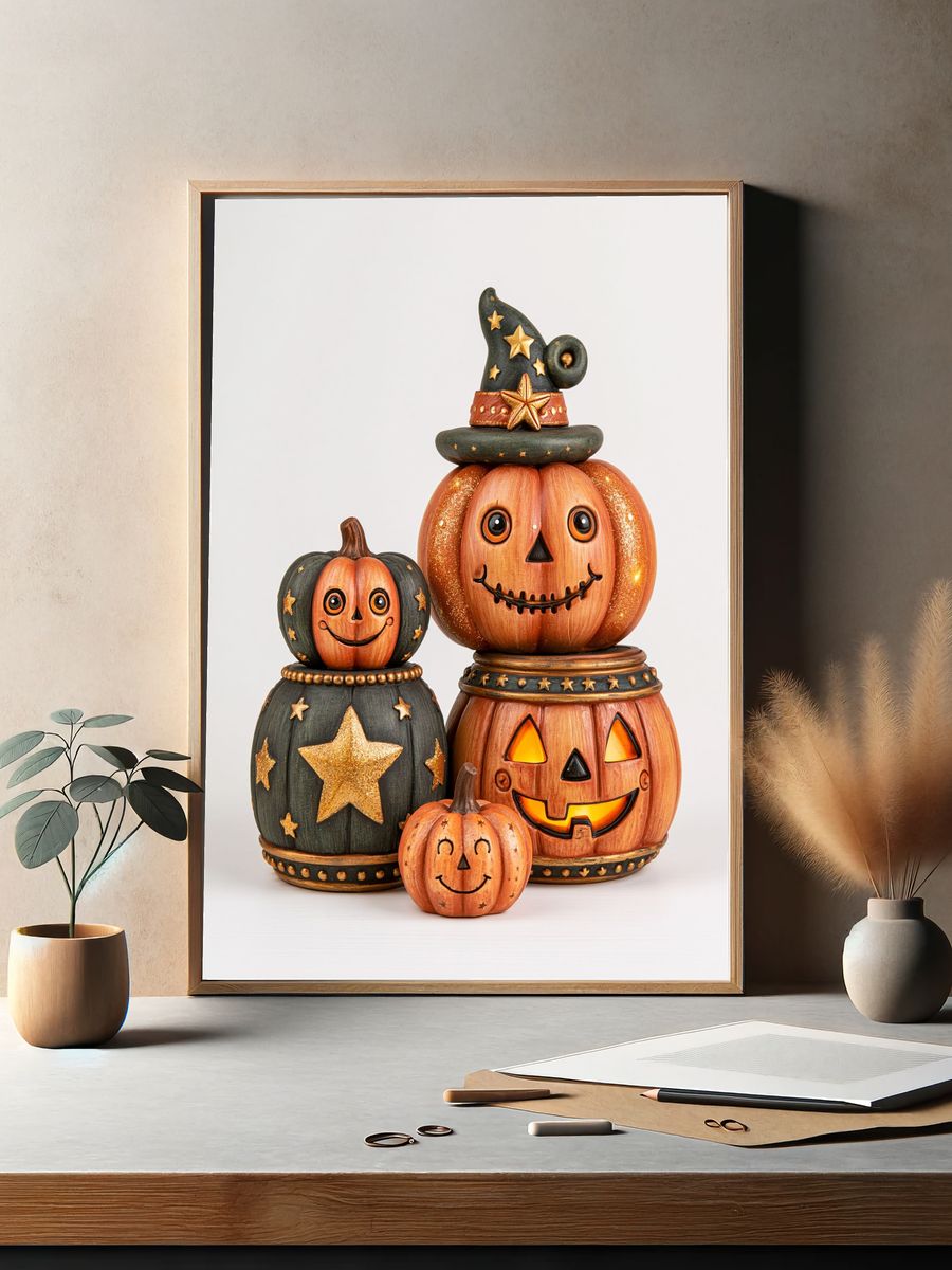 Halloween Pumpkin Stack Illustration Poster. — room view 2