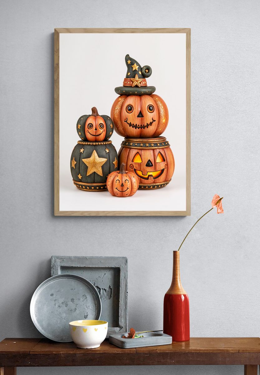 Halloween Pumpkin Stack Illustration Poster. — room view 3