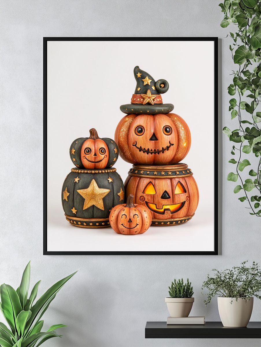 Halloween Pumpkin Stack Illustration Poster. — room view 4