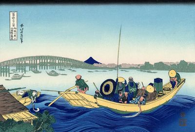 Katsushika Hokusai's Sunset Ryōgoku bridge. poster print