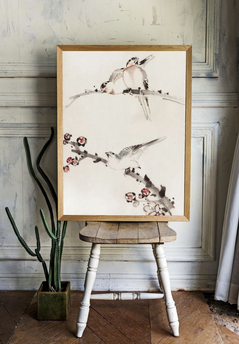 Three Birds Perched Branches, One. room preview