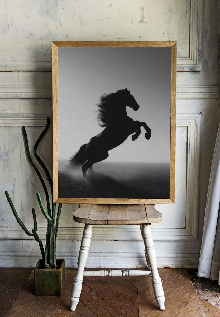 Rearing Horse Black-White Poster. — room view 1
