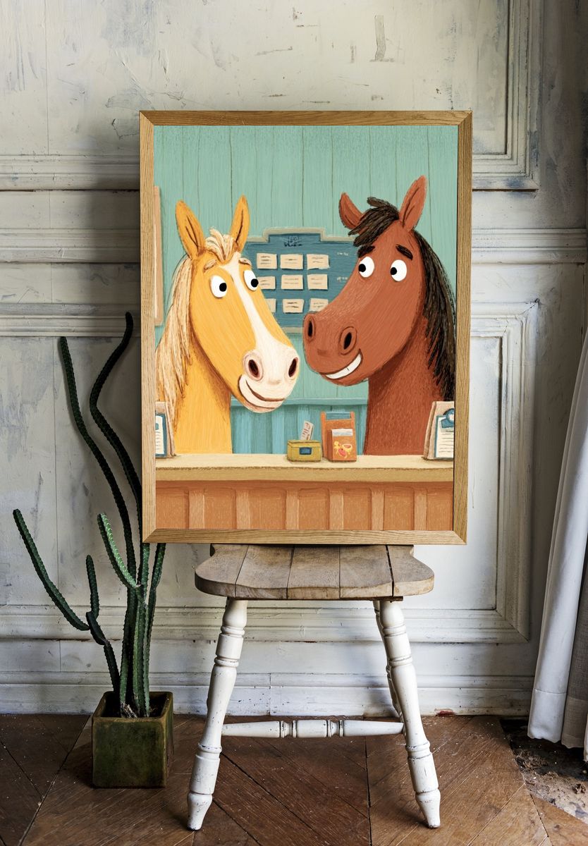 Friendly Horses Illustration Poster room preview
