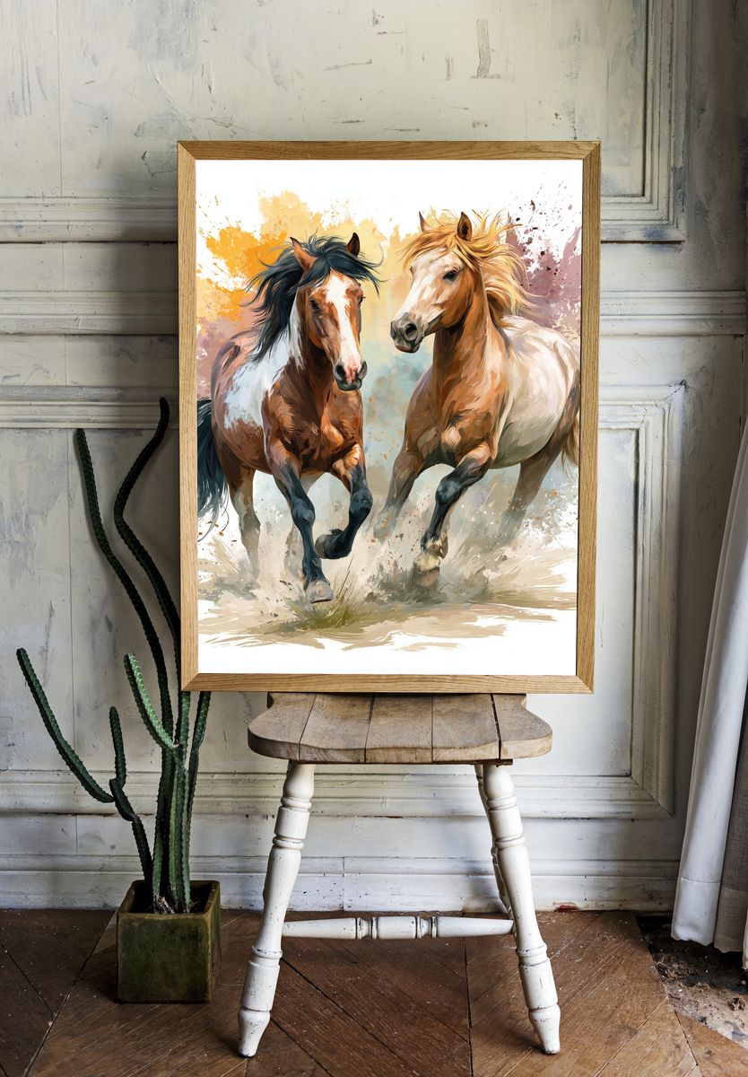 Galloping Horses Watercolor Poster. — room view 1