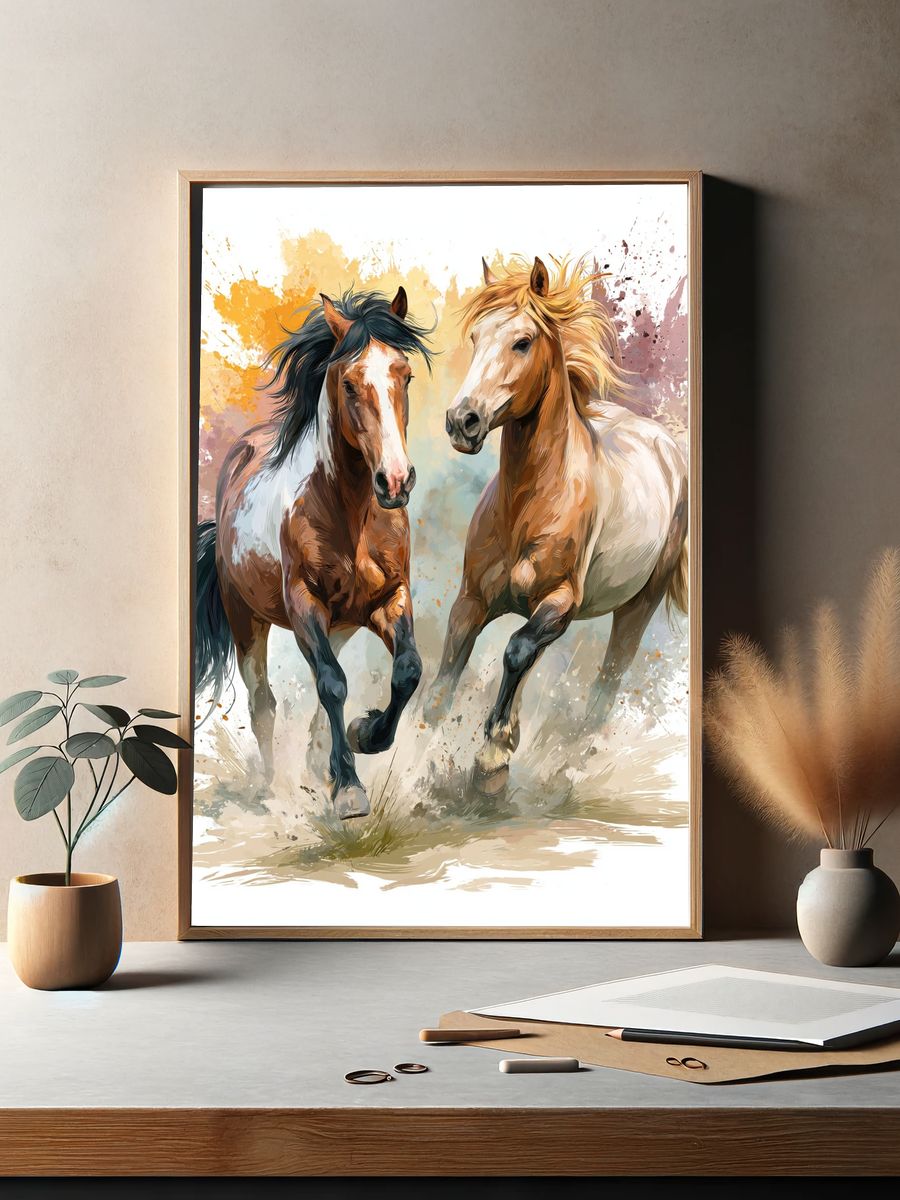 Galloping Horses Watercolor Poster. — room view 2