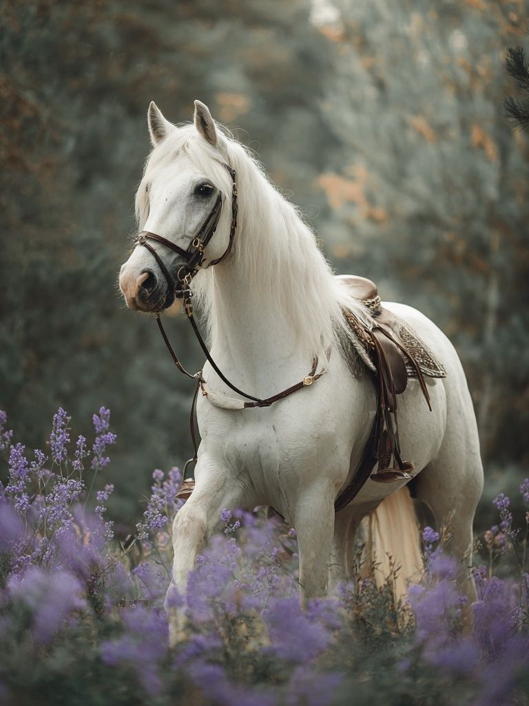 White Horse in Lavender Field Poster. poster — animals art