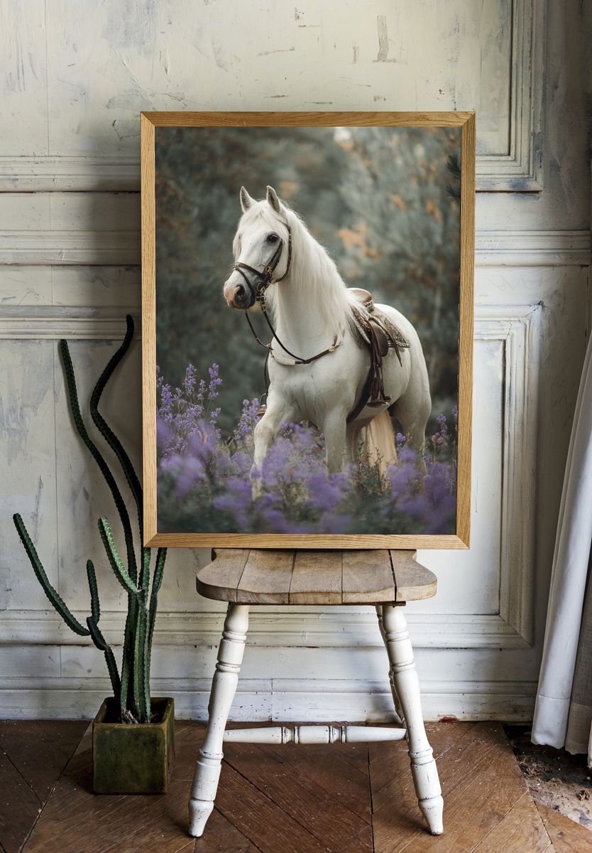White Horse in Lavender Field Poster. — room view 1