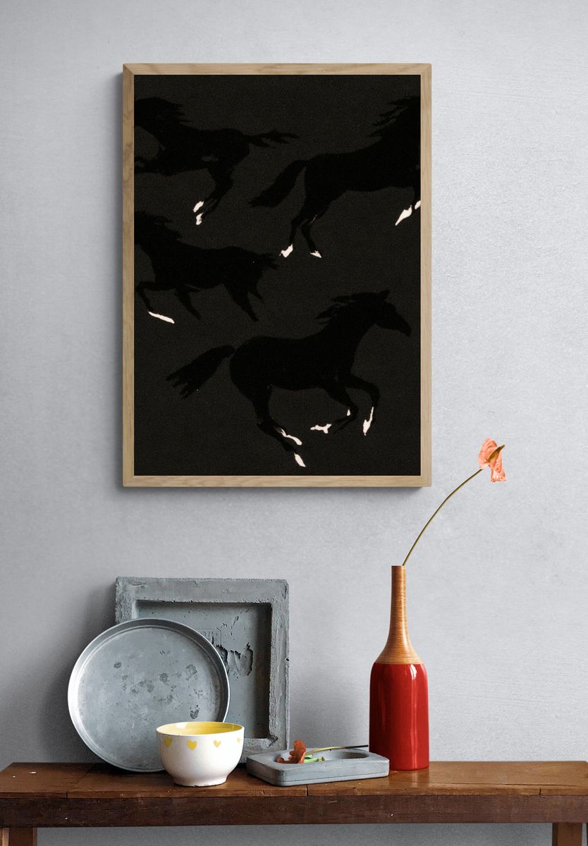 Galloping Horses Black-White Poster. — room view 3