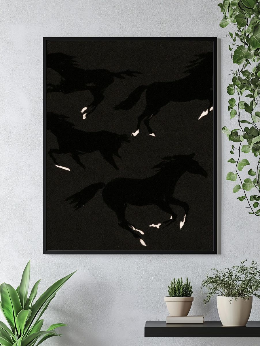 Galloping Horses Black-White Poster. — room view 4
