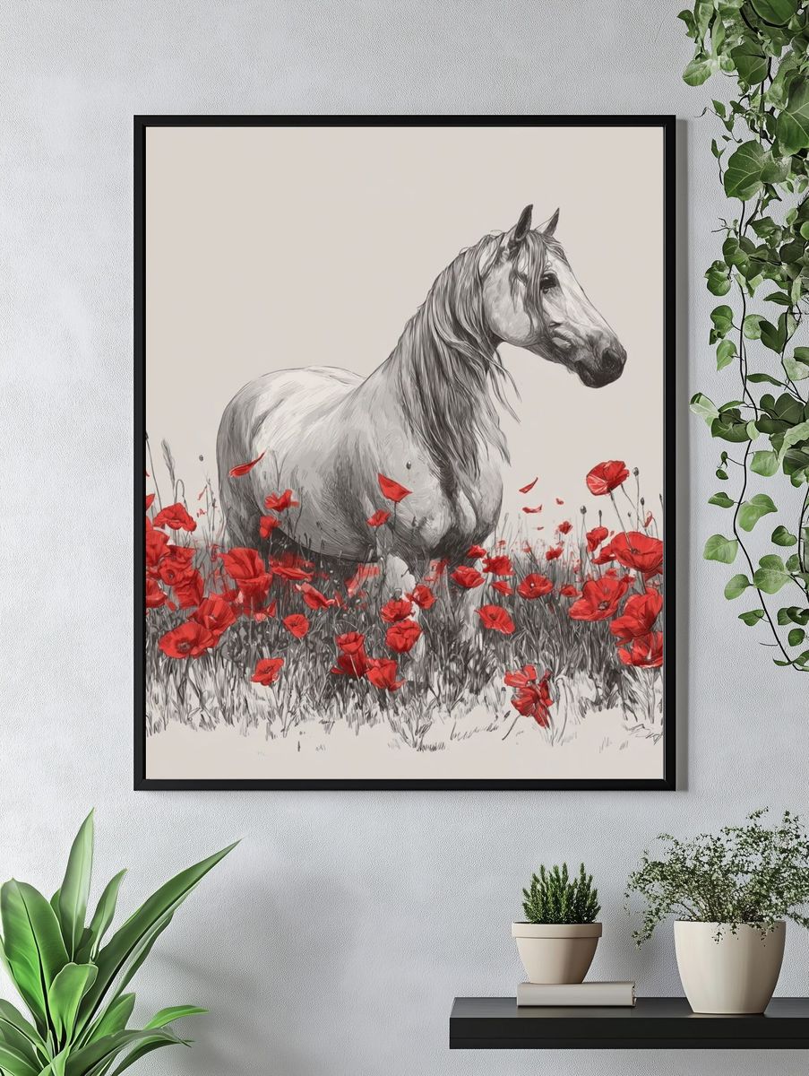White Horse in Poppies Illustration Poster. — room view 4