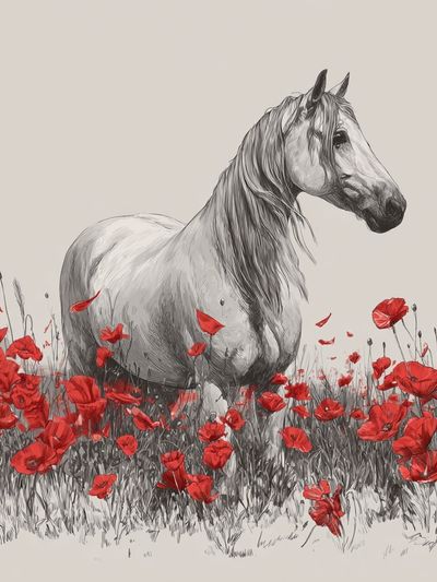 White Horse in Poppies Illustration Poster. poster