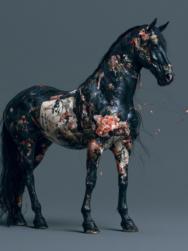 Floral Black Horse Illustration Poster. poster detail