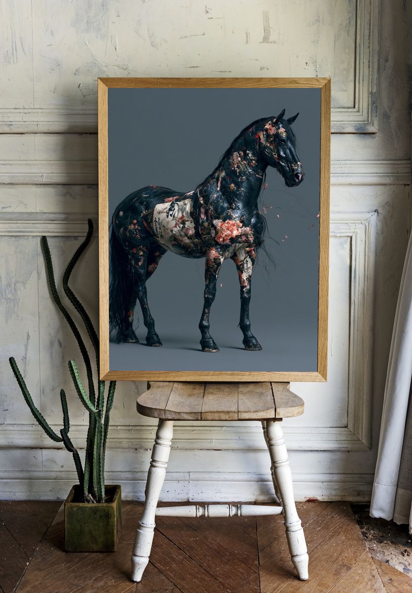 Floral Black Horse Illustration Poster. — room view 1