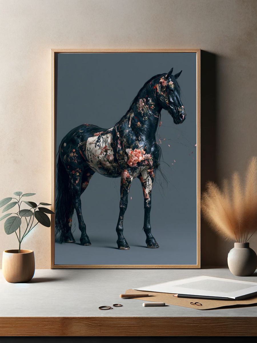 Floral Black Horse Illustration Poster. — room view 2