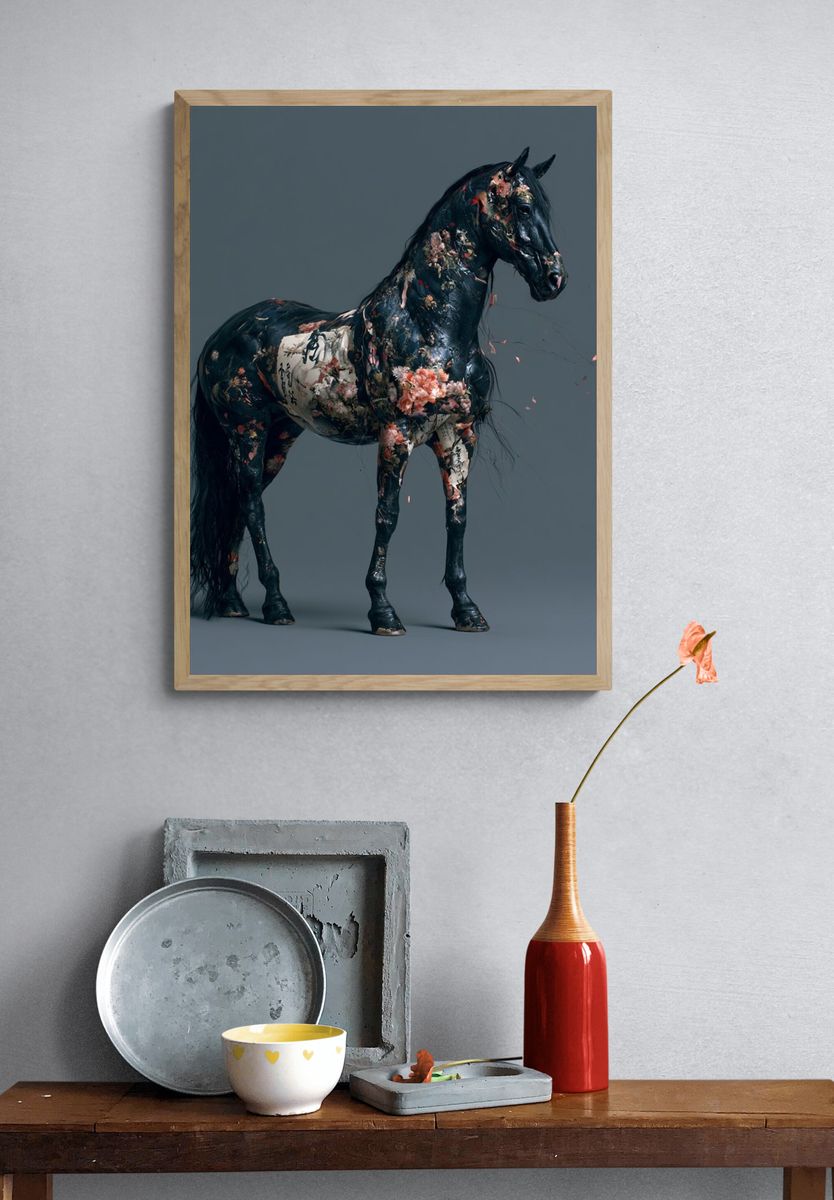 Floral Black Horse Illustration Poster. — room view 3