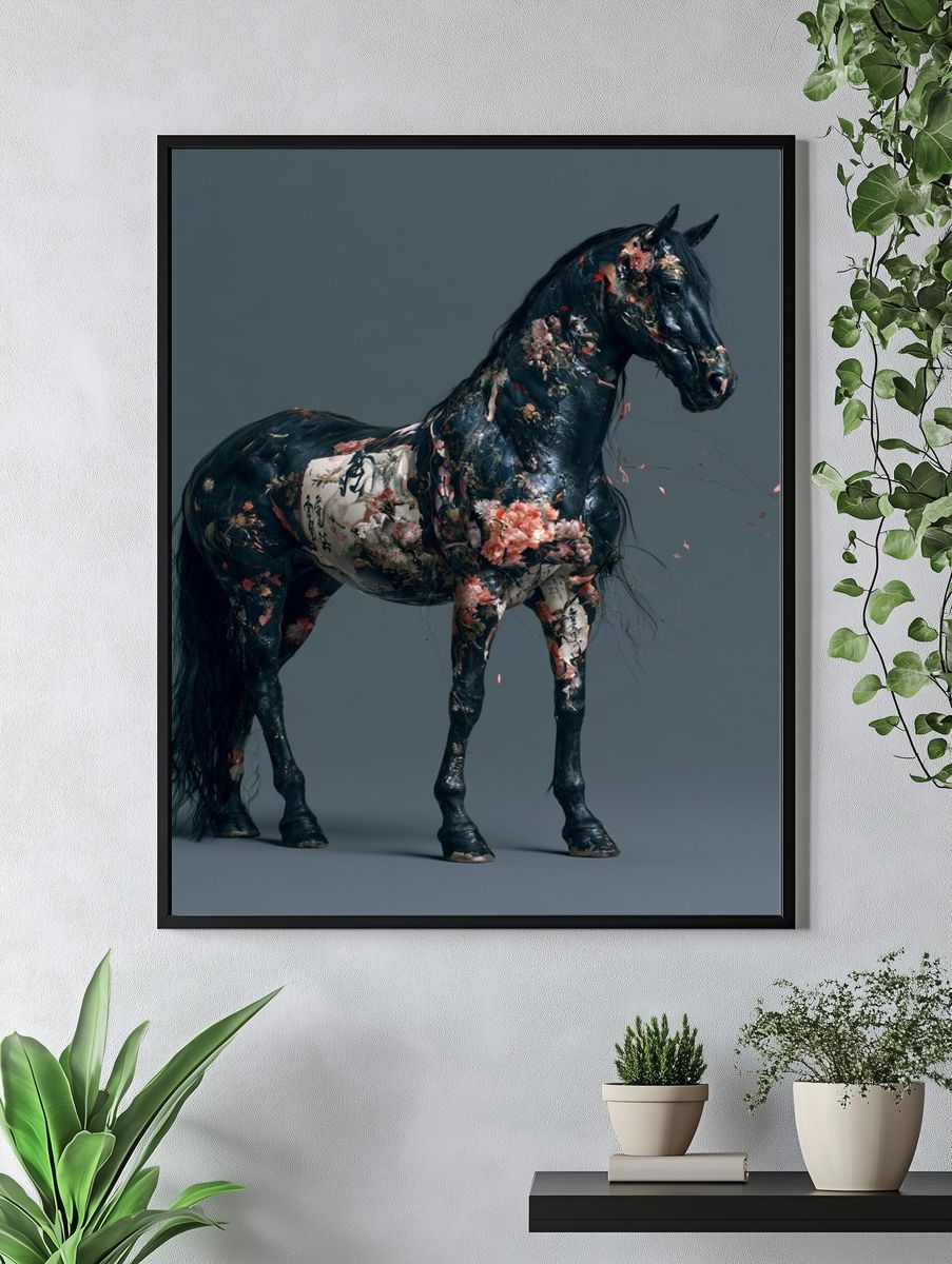 Floral Black Horse Illustration Poster. — room view 4