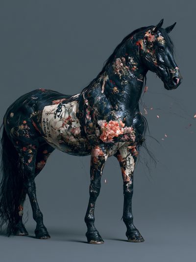 Floral Black Horse Illustration Poster. poster