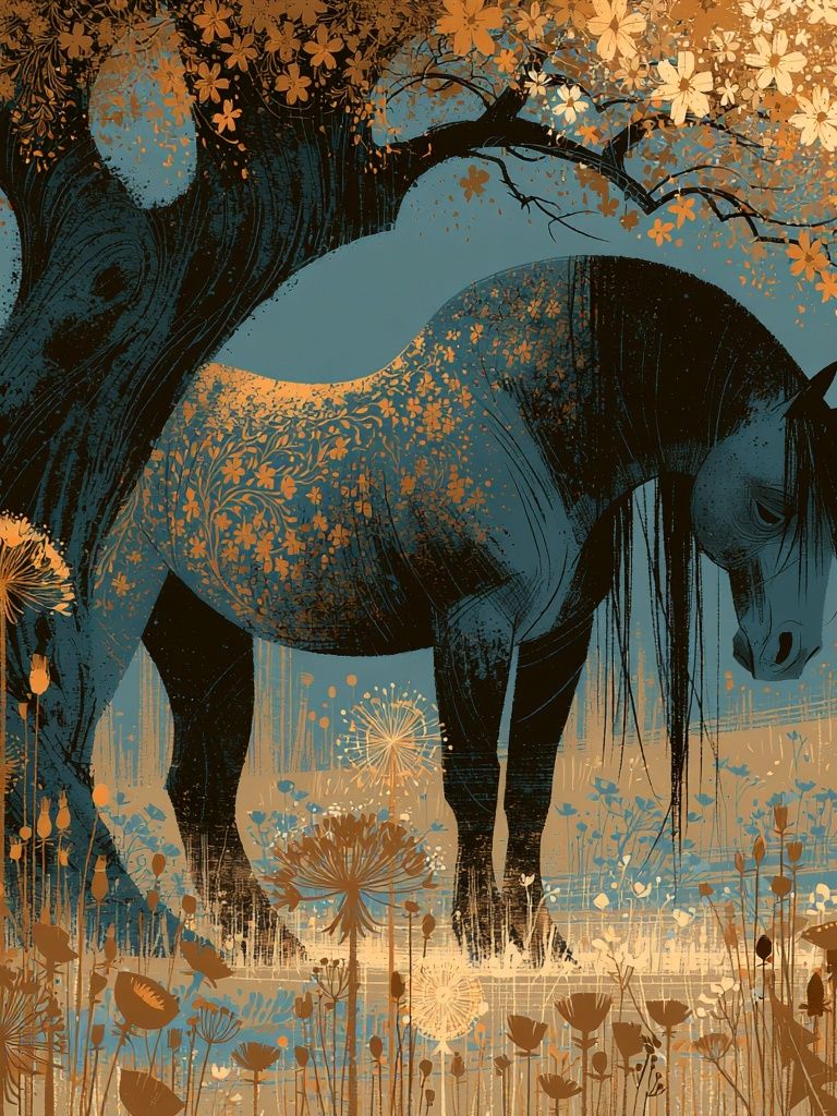 Horse Under Blossom Tree Print. poster detail