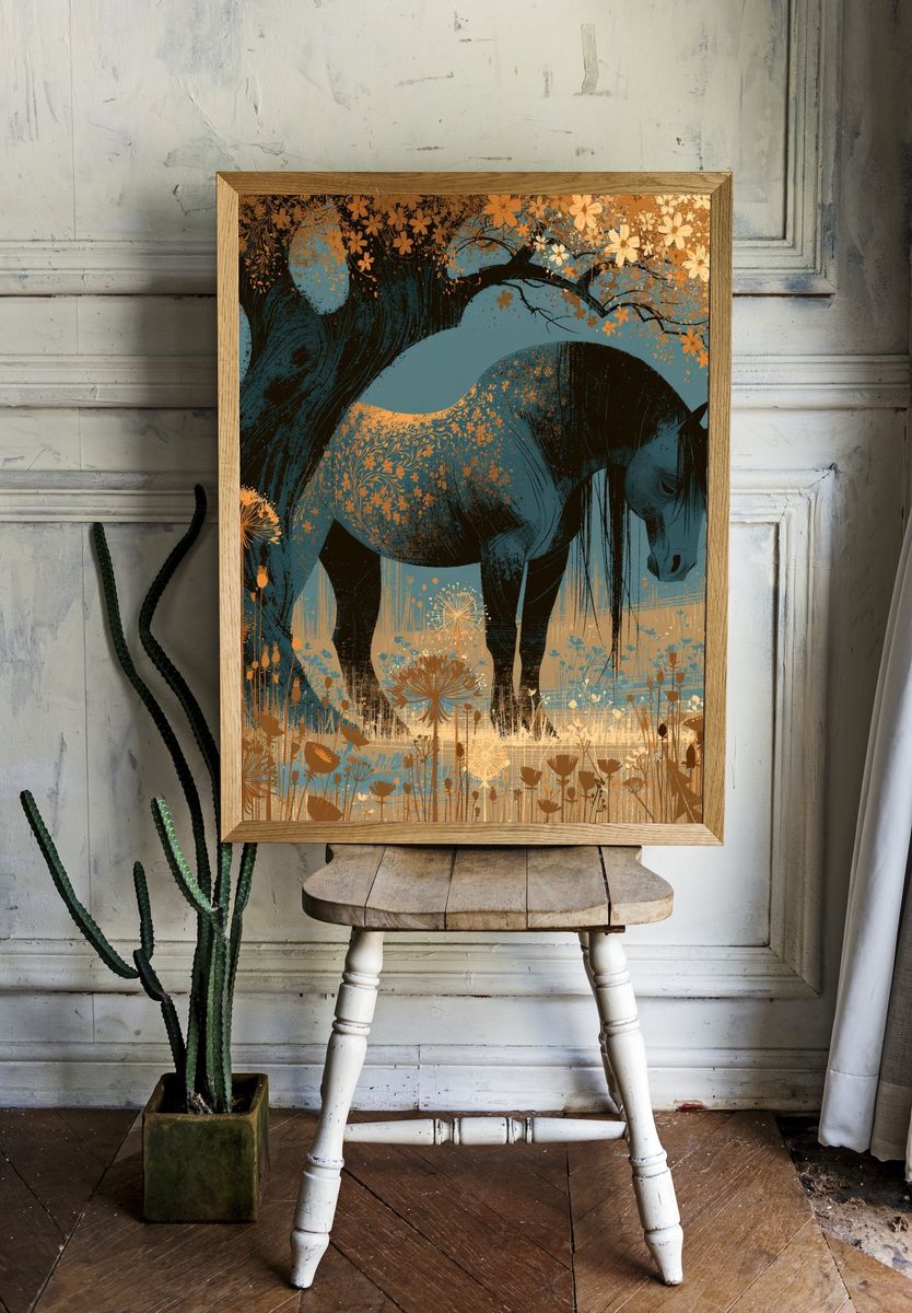 Horse Under Blossom Tree Print. — room view 1