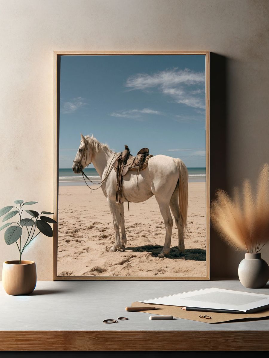 White Horse on Beach Photography Poster. — room view 2