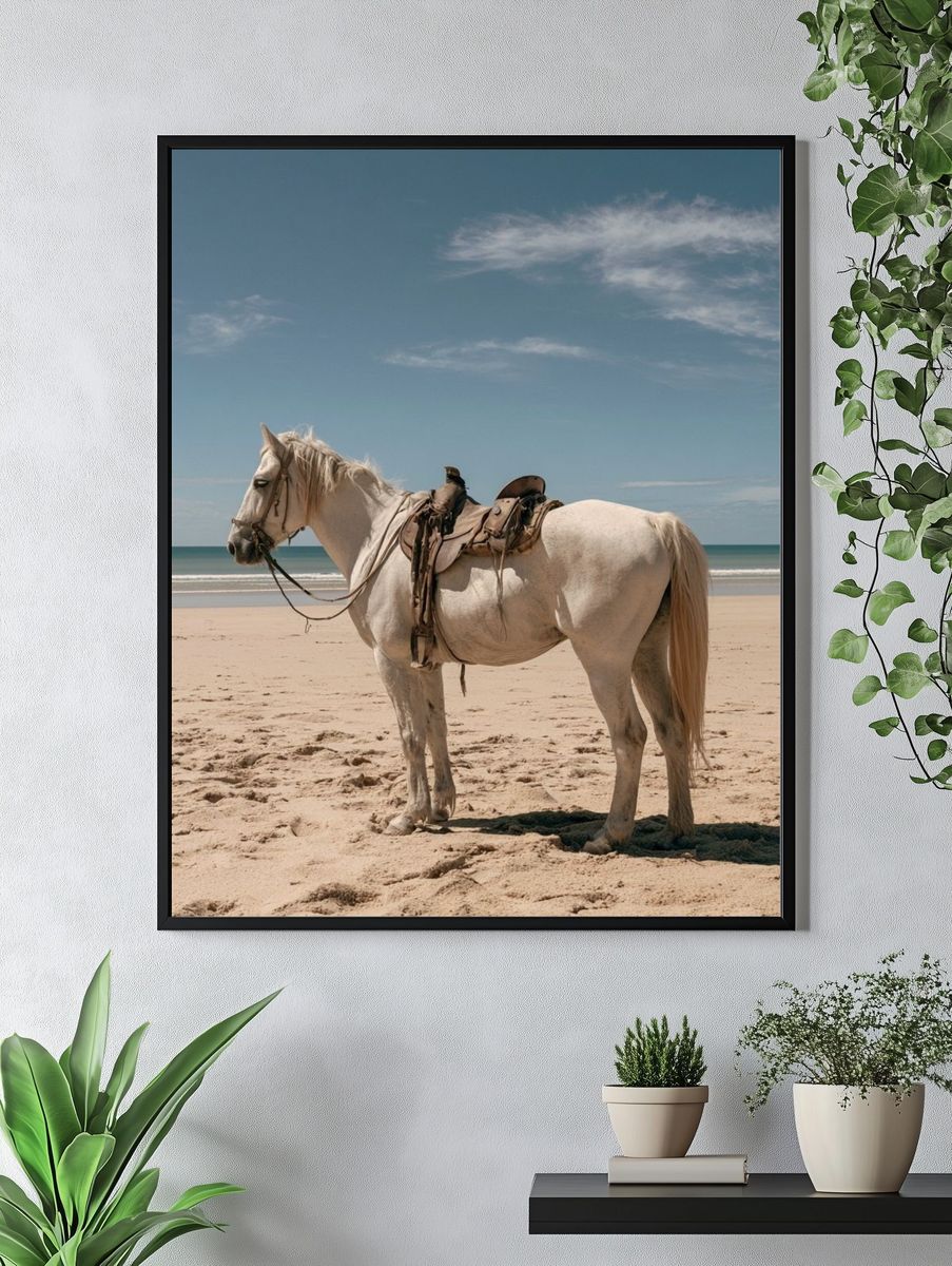 White Horse on Beach Photography Poster. — room view 4